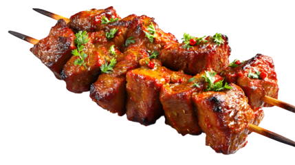 Realistic 4K Image of Beef Tikka Boti Skewers on White Background – Isolated Pakistani BBQ Meat Close-Up
