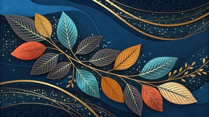 Autumnal foliage with golden accents on dark blue background autumn leaves golden veins