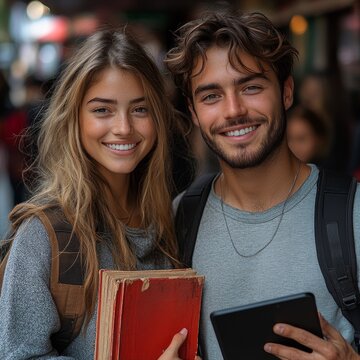 Dos j&oacute;venes, estudiantes universitarios, concepto de estudios y carreras, universitarias a nivel mundial.