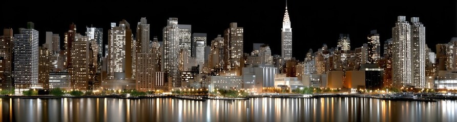 Naklejka premium Stunning skyline of New York City at night, showcasing lit skyscrapers against a dark sky, embodying the city's vibrant energy