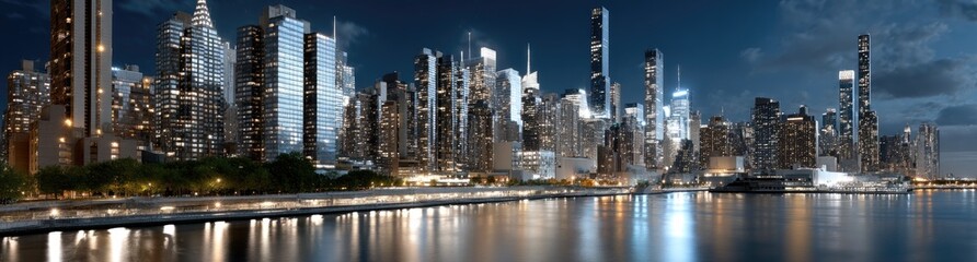 Stunning skyline of New York City at night, showcasing lit skyscrapers against a dark sky, embodying the city's vibrant energy