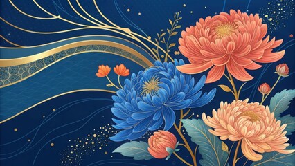 Blue and orange chrysanthemums with gold accents floral