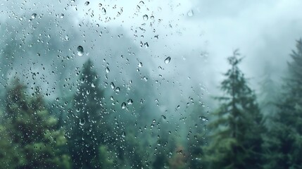 Rain droplets on glass with blurred forest and fog in the background creating a moody atmosphere