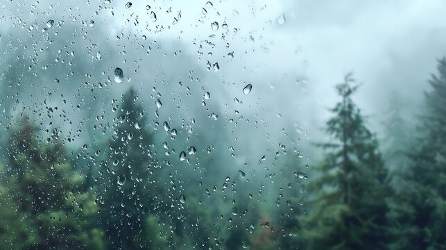 Fototapeta Rain droplets on glass with blurred forest and fog in the background creating a moody atmosphere