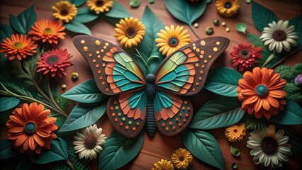 Colorful paper butterfly surrounded by flowers and leaves paper craft orange