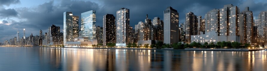Naklejka premium Skyscrapers glow under a dark purple sky, highlighting the vibrant nightlife and urban energy of the bustling city after sunset