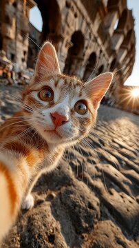 Fotos graciosas de gato, haci&eacute;ndose un selfie en Roma, Italia.