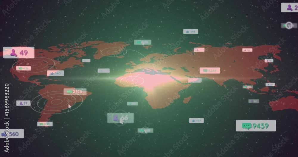 Poster green glow pulsing data labels popping on red map, cursor clicking hotspots showing user activity