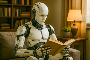 Humanoid Robot Reading a Book in Peaceful Interior Setting
