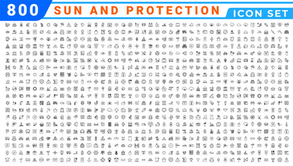 Sun & Protection icon set. Contains icons sunscreen, ultraviolet, sunglasses, SPF protection, umbrella, sunburn, sun hat and more. editable stroke. vector illustration