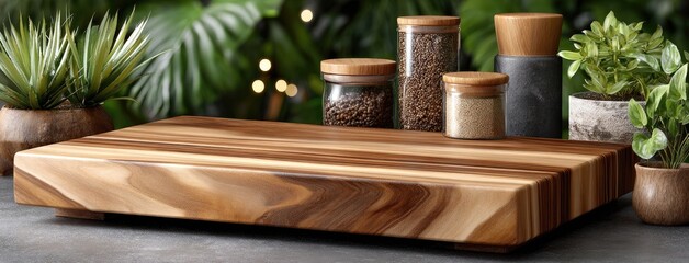Beautiful wooden tabletop ready for food display in a clean, sunlit kitchen with vibrant greenery, showcasing high-resolution elegance