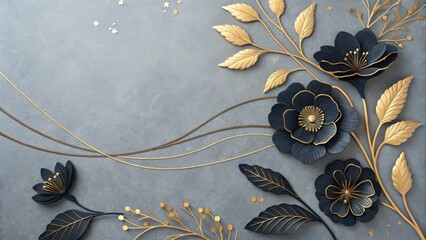 Dark blue and gold floral arrangement on textured gray background leaves flowers