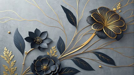 Dark floral arrangement with gold accents dark blue flowers gold stems