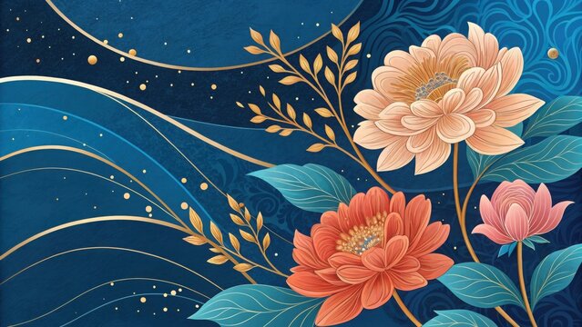 Elegant floral illustration with blue orange and pink blooms gold