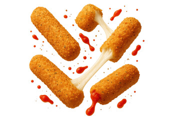 Crispy mozzarella sticks with sauce on a transparent background, isolated food