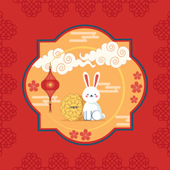Cute bunny with mooncake and red lantern celebrating Mid Autumn Festival. Traditional Chinese holiday design with floral ornaments, clouds and paper cut frame. Festive vector illustration.