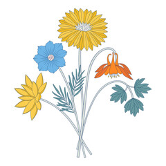 Bright bouquet of wildflowers. Bunch with dahlia, cosmos, aquilegia, different meadow flowers, blooming wild plants, and herbs. Botanical hand-drawn elements for design projects. Vector illustration