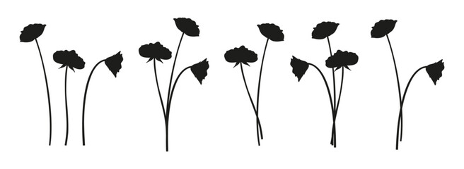 Set of wildflower bouquet silhouettes. Bunches of blooming perennial wild plants, minimal style. Botanical hand-drawn elements for design projects. Vector illustration