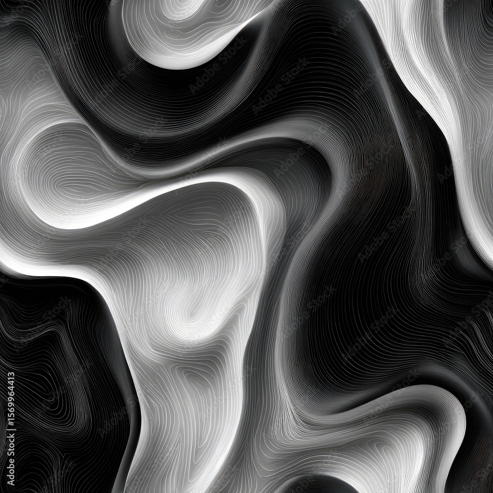 Poster complex and artistic topographic patterns in a black and white color scheme create a visually striki