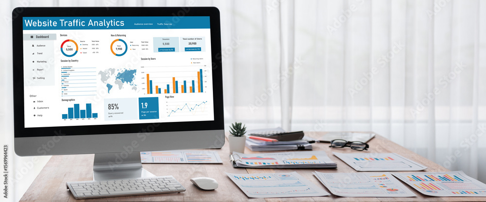 Poster computer software for website traffic analytics data on computer screen. concept of seo search engin