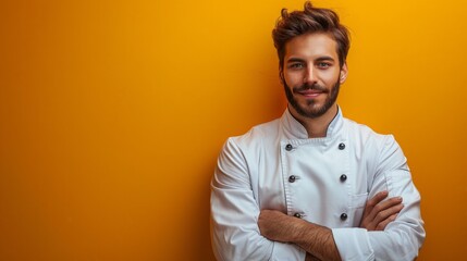Chef, orgulloso en la cocina con fondo amarillo, concepto de gastronomía y buena comida.