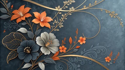 Orange grey and dark blue floral pattern with gold accents texture abstract