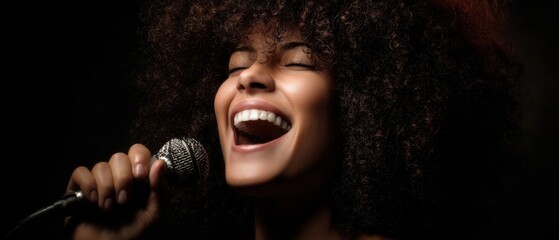 The vibrant singer passionately performing with a microphone on stage.