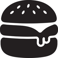 Silhouette icon of a cheeseburger with melted cheese, ideal for fast food, snack, or restaurant menu design.