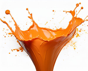 Orange juice splashes into a glass with ice, fresh liquid drops isolated on white