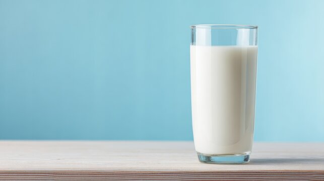 The glass of milk on a wooden table with a soft blue background
