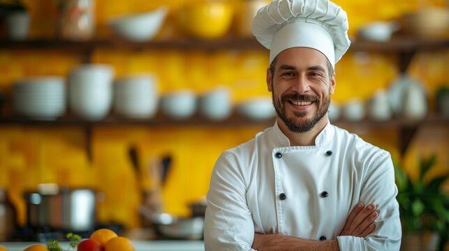 Chef, orgulloso en la cocina con fondo amarillo, concepto de gastronom&iacute;a y buena comida.
