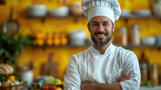 Chef, orgulloso en la cocina con fondo amarillo, concepto de gastronom&iacute;a y buena comida.