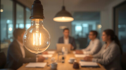 Young creative business people meeting at office, brightly lit Edison-style light bulb hangs prominently in the foreground, casting a warm glow over a blurred group of people gathered around a table