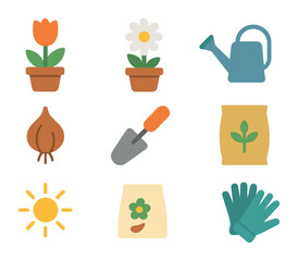 Gardening Icon Set. Flat icon set of growing seasonal flowers in pots: potted tulip, potted daisy, watering
