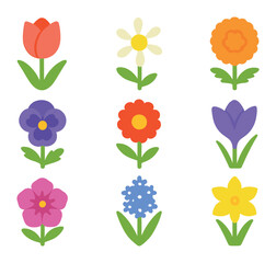 Seasonal Flower Icons. Flat icon set of seasonal flower varieties: blooming tulip, blooming daisy, blooming