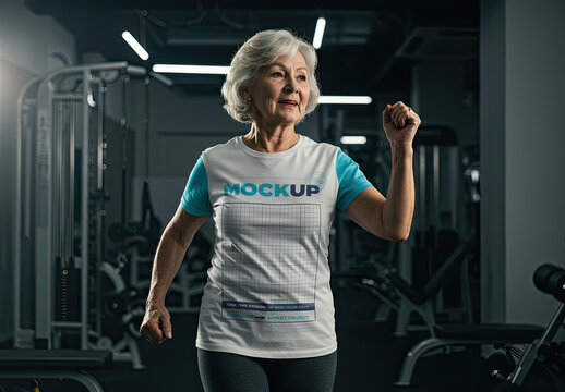 Elderly Woman Working out Exercise on Gym T Shirt Mockup