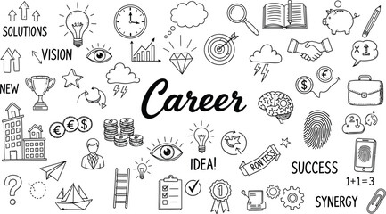 Career growth and success strategy doodle art with business planning icons