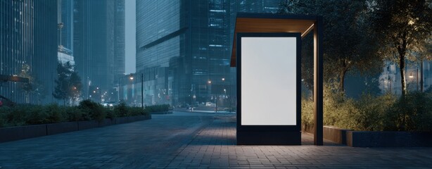 The empty bus shelter standing alone in a modern urban landscape at night.