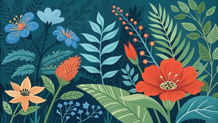 Vibrant botanical illustration with diverse flora floral plants