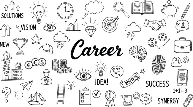 Career growth and success strategy doodle art with business planning icons