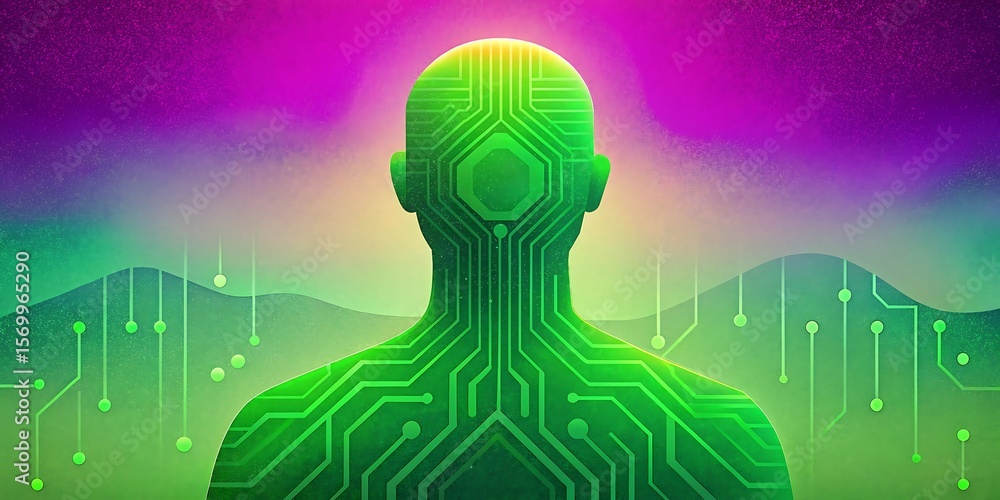 Poster a futuristic cyborg with circuit patterns stands against a colorful sky.
