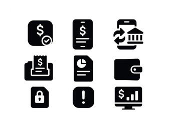 Financial Tools Icons. Solid, filled icons set of financial tools and apps: budgeting app icon, expense