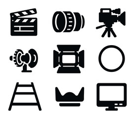 Camera Gear Icons. Solid, filled icons set of camera department props: film slate, camera lens, rig tripod,