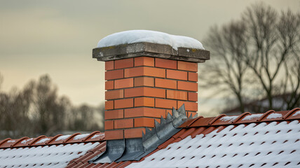 Orange brick chimney capped with snow roof