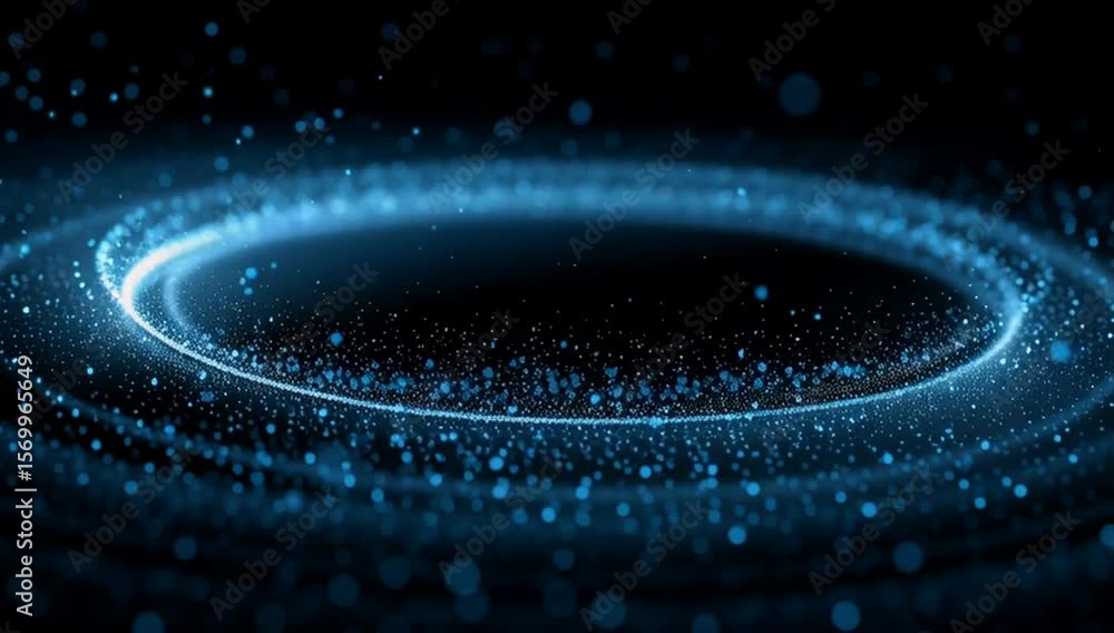 Poster 3d render, abstract digital background with blue glowing particles in the shape of a circular ring o