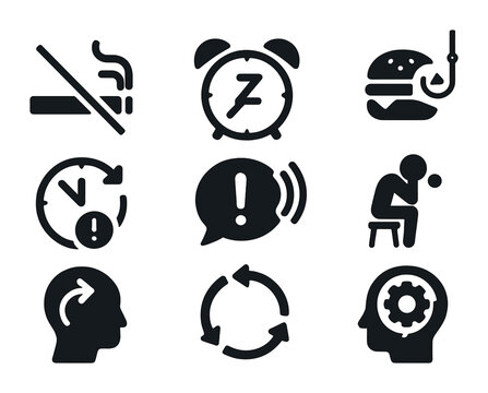Breaking Bad Habits Icons. Solid, filled icons set of breaking bad habits: crossed-out cigarette, alarm snooze
