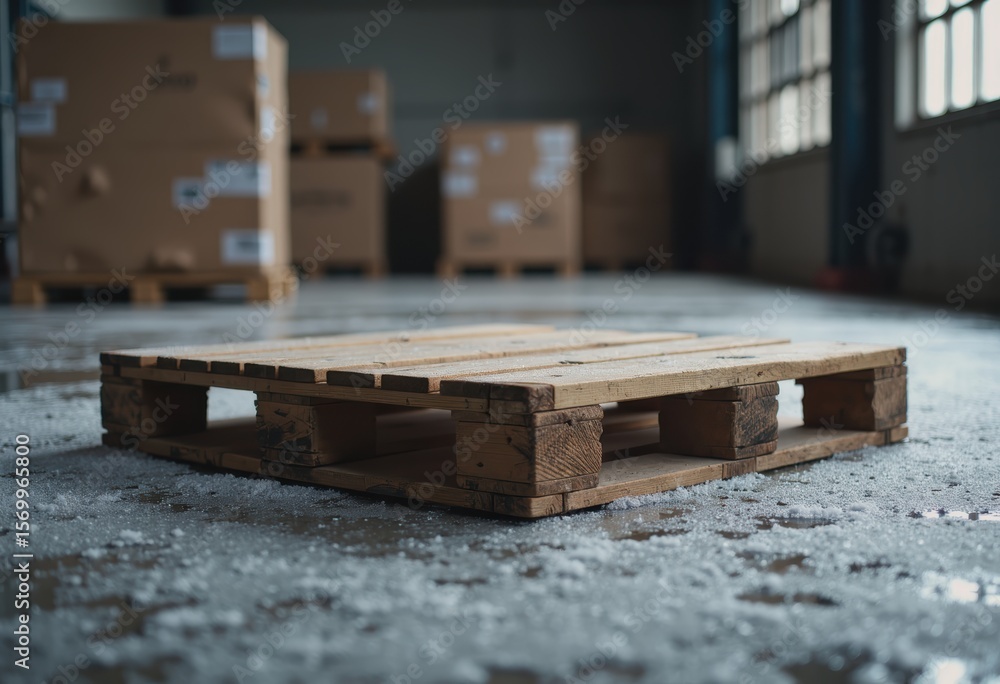Poster wooden pallet in a warehouse loading dock area with boxes in the background