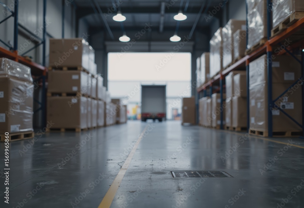 Poster warehouse loading dock area with stacked boxes and clear space for operations