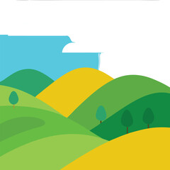 Fototapeta premium Rolling Hills Illustration: A vibrant illustration showcasing rolling hills with shades of green and yellow, complemented by a serene blue sky and a fluffy cloud.