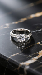 Elegant diamond ring shining on reflective black marble surface. Illuminated by soft golden lighting, exuding sophistication and refinement.
